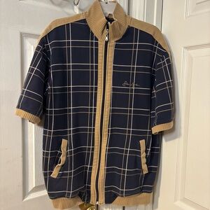 Sean John Y2K VTG Preppy Navy and Tan Ribbed Collar Short Sleeve Jacket Large